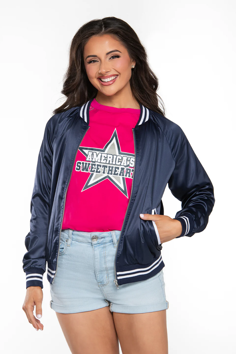 DCC Satin Bomber Jacket in Navy - Image 4